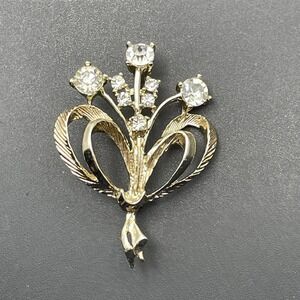 Vintage Signed DOODS Rhinestones Flower Bouquet Brooch Pin Gold Tone MCM Wedding